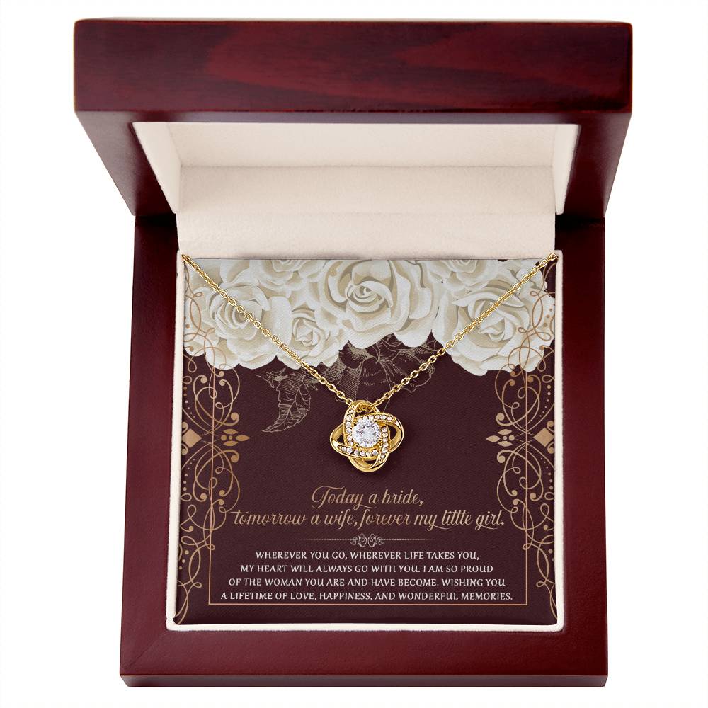 The "To Daughter, Wedding Wonderful Memories - Love Knot Necklace," featuring a white gold finish and embedded cubic zirconia gems, is displayed in a box with a floral background and an inscribed sentimental message for the bride.