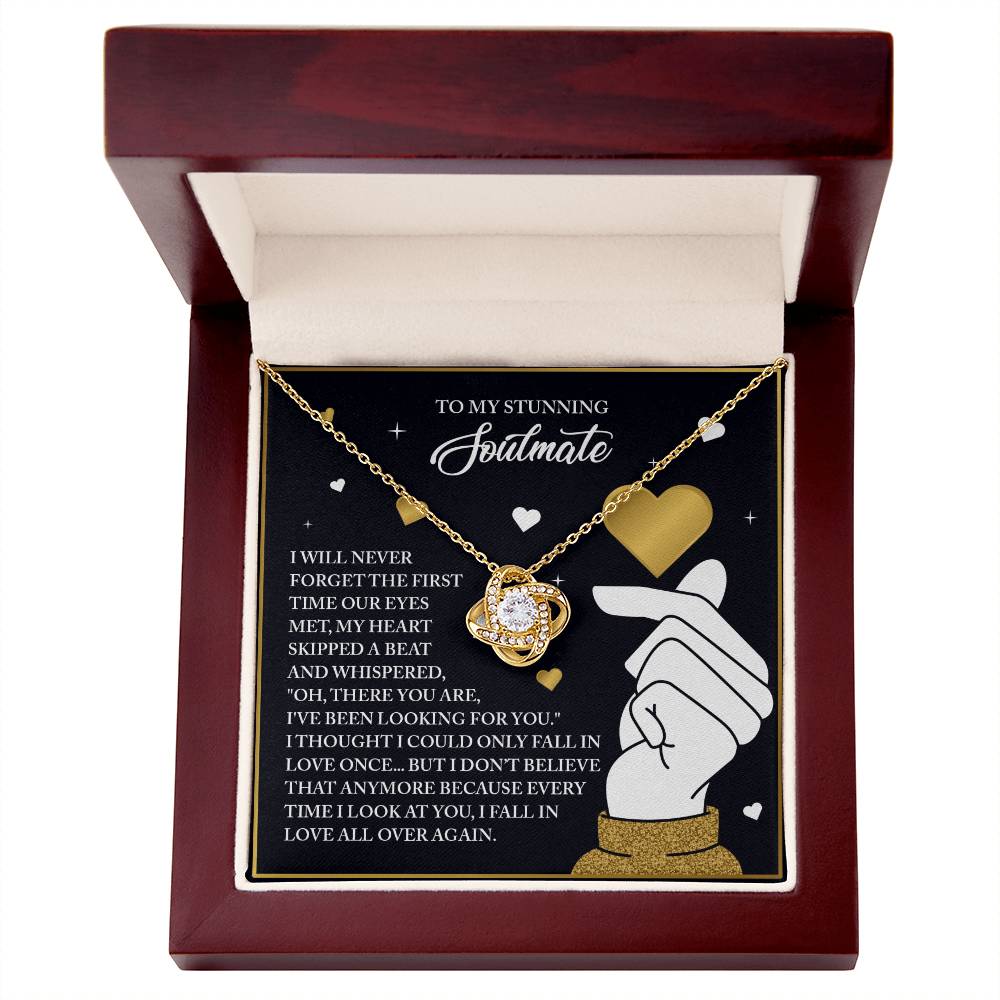 The Soulmate-Look At You - Love Knot Necklace features a heart-shaped cubic zirconia pendant, presented in an open wooden box with a romantic message card titled "To My Stunning Soulmate.