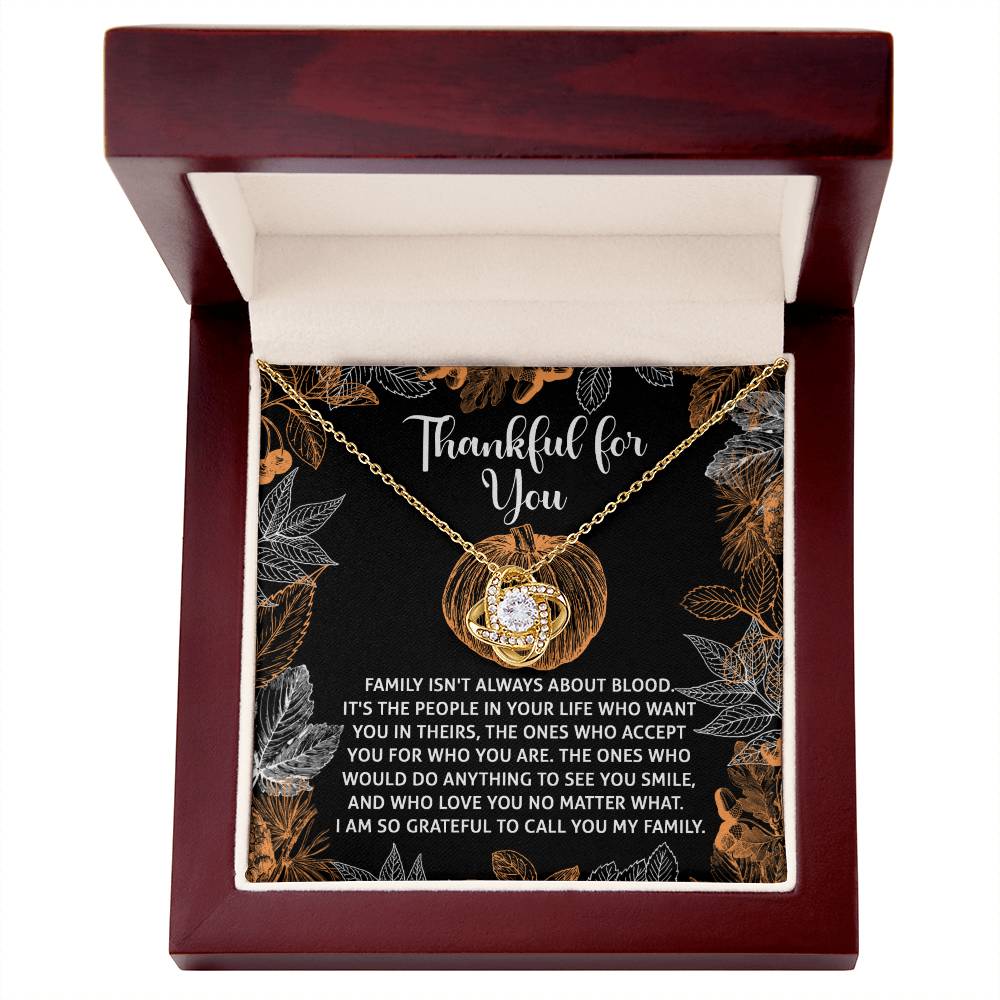 The Thanksgiving-To Call You - Love Knot Necklace, presented in an open box and featuring a lustrous white gold finish, includes a card inscribed with "Thankful for You" and a touching message about family and love. Embellished with sparkling cubic zirconia, it elegantly represents the enduring bonds we hold dear.