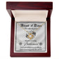 Introducing the "To Bridesmaid, Award Of Honor - Love Knot Necklace," a decorative certificate thanking the world's most amazing bridesmaid for her support on the wedding day. Featuring a Love Knot Necklace adorned with cubic zirconia crystals, this personalized gift is a heartfelt token of appreciation and love.