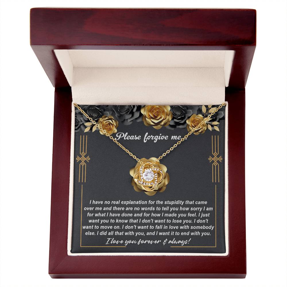 The "Sorry-End With You - Love Knot Necklace" features a beautiful heart-shaped pendant adorned with cubic zirconia crystals, making it a perfect apology gift. The necklace, with its elegant yellow gold finish, is accompanied by a background message expressing deep remorse and a heartfelt desire to stay together.