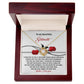 The Soulmate-Every Morning - Love Knot Necklace has a gold heart pendant with cubic zirconia crystals in a wooden box. It features a heartfelt message for a "beautiful soulmate" and red rose illustrations, making it the ideal personalized gift.