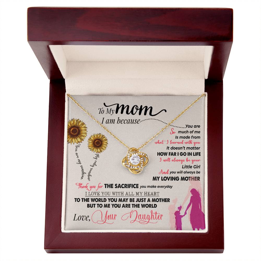 A To My Mom, Thank You For Everything - Love Knot Necklace with a pendant inside a gift box featuring a sentimental message from a daughter to her mother, adorned with Cubic Zirconia for an elegant finish by ShineOn Fulfillment.