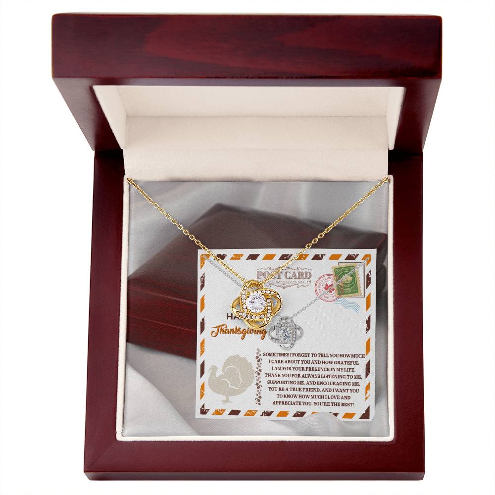 The Thanksgiving-A True Friend - Love Knot Necklace, embellished with cubic zirconia crystals, is elegantly displayed in an open red velvet box on top of a Thanksgiving-themed card.