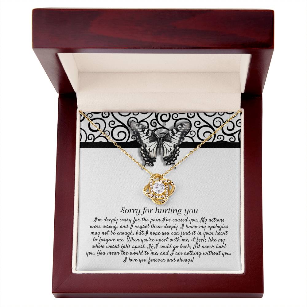 The "Sorry-Nothing Without You - Love Knot Necklace" features a heart-shaped pendant adorned with cubic zirconia crystals and is presented on a card with an apology message and a butterfly design.