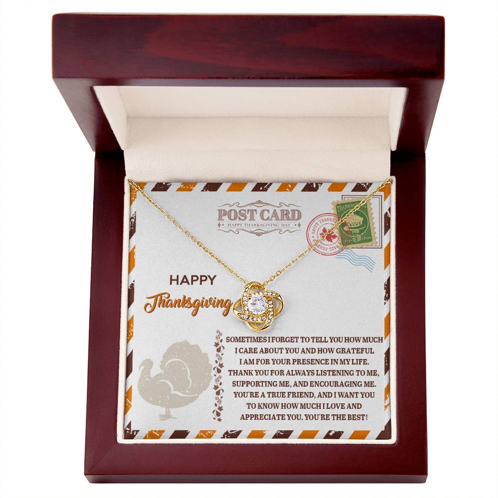 The Thanksgiving-A True Friend - Love Knot Necklace, embellished with cubic zirconia crystals, is beautifully presented in a wooden box alongside a heart and round pendant. It comes with a "Happy Thanksgiving" card, representing the strong bond shared during this festive season.