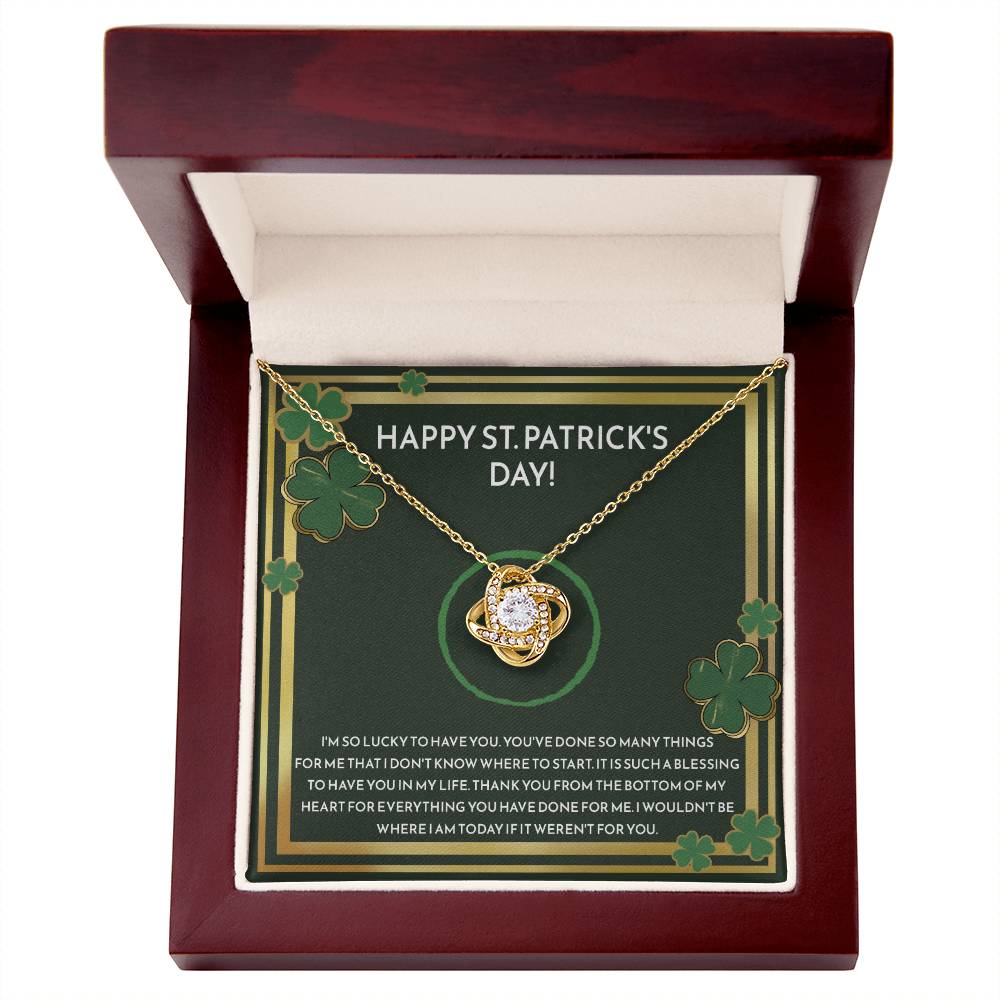 A personalized Happy St. Patrick Day, I'm So Lucky - Love Knot Necklace for St. Patrick's Day in a wooden box by ShineOn Fulfillment.