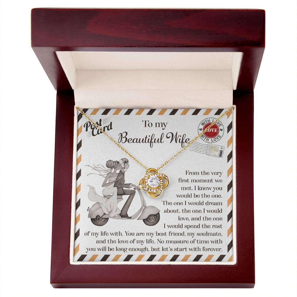 A 14k white gold To Wife, Be The One - Love Knot Necklace with cubic zirconia crystals is placed on a card depicting a couple on a scooter. The card features a heartfelt message to a wife, expressing love and commitment.