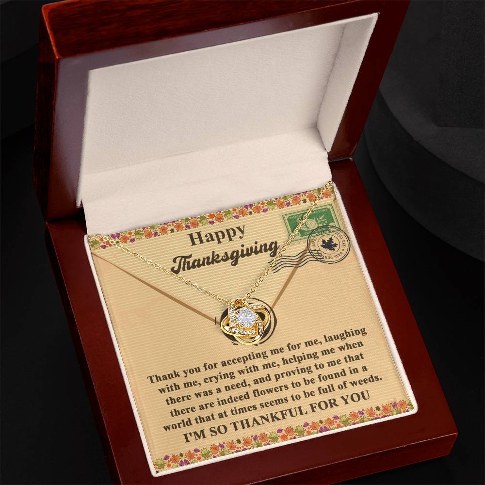 The Thanksgiving-Proving To Me - Love Knot Necklace features a circular pendant adorned with a sparkling cubic zirconia and is beautifully presented in a gift box. This necklace, available in either white gold or yellow gold finishes, includes a heartfelt Thanksgiving message on an accompanying card.