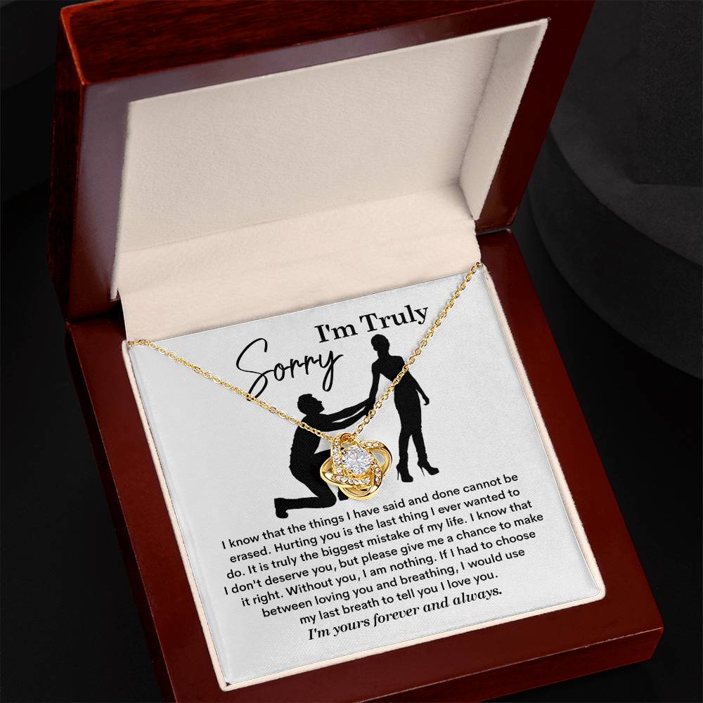 The Sorry-My Last Breath - Love Knot Necklace, a silver piece featuring an intertwined heart pendant decorated with cubic zirconia crystals, is presented on a card. The card includes an apology note with the phrase "I'm Truly Sorry" and the silhouette of one person kneeling before another.