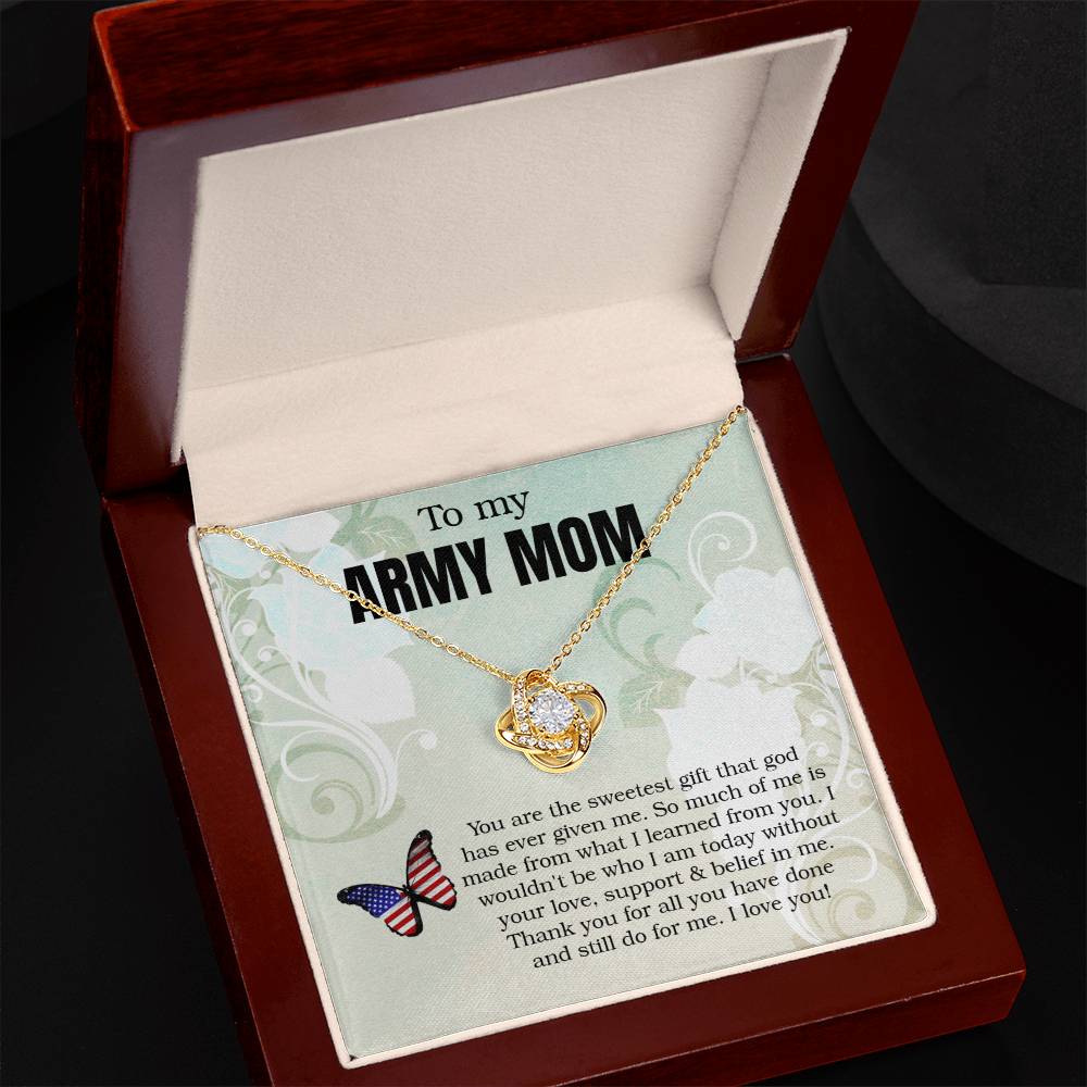A "To My Army Mom, You Are The Sweetest Gift That God Has Ever Given Me" Love Knot Necklace with a heart pendant and an "army mom" inscription is presented inside a jewelry box with a message expressing love and gratitude by ShineOn Fulfillment.
