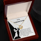 To My Bride, Be Your Home - Love Knot Necklace on a card featuring a dancing couple silhouette and romantic text, addressed "To My Gorgeous Bride," expressing love and commitment.