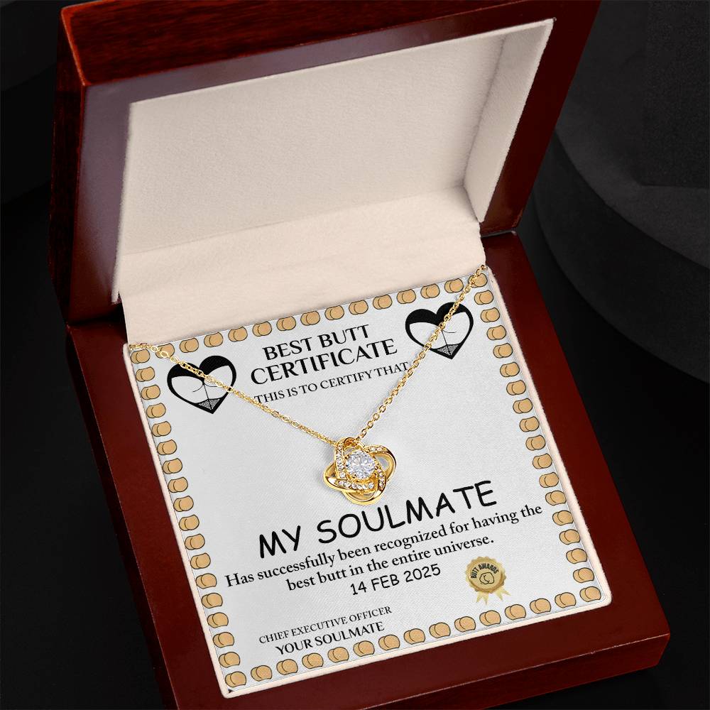 The Love Certificate-Best Butt - Love Knot Necklace comes in a box with a humorous "Best Butt Certificate" for "My Soulmate," awarded on February 14, 2025.