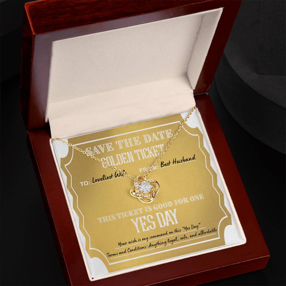 The "To Wife, Golden Ticket - Love Knot Necklace" features interlocked rings on a yellow note that reads "Save the Date Golden Ticket: To: Loveliest Wife, From: Best Husband. Ticket is good for one 'Yes Day.'" Terms and conditions included. This personalized gift sparkles with cubic zirconia crystals, adding a touch of elegance.