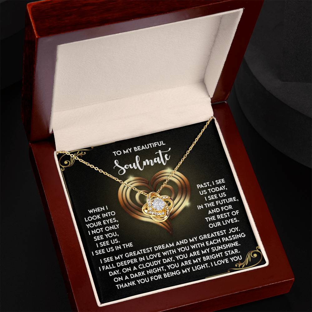 The Soulmate-I See Us - Love Knot Necklace, embellished with cubic zirconia crystals, comes in a jewelry box with a heartfelt card for your soulmate. This personalized gift beautifully embodies deep connection and affection.