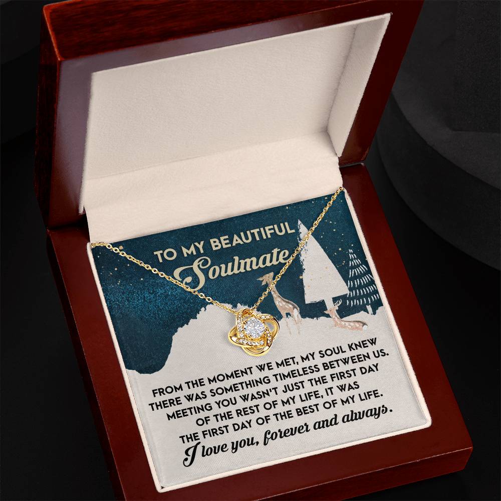 The Soulmate- Between Us - Love Knot Necklace, adorned with cubic zirconia crystals, is beautifully presented in a box. Inside the lid, a card conveys a heartfelt message about love and soulmates against a winter scene background, making it the perfect personalized gift.