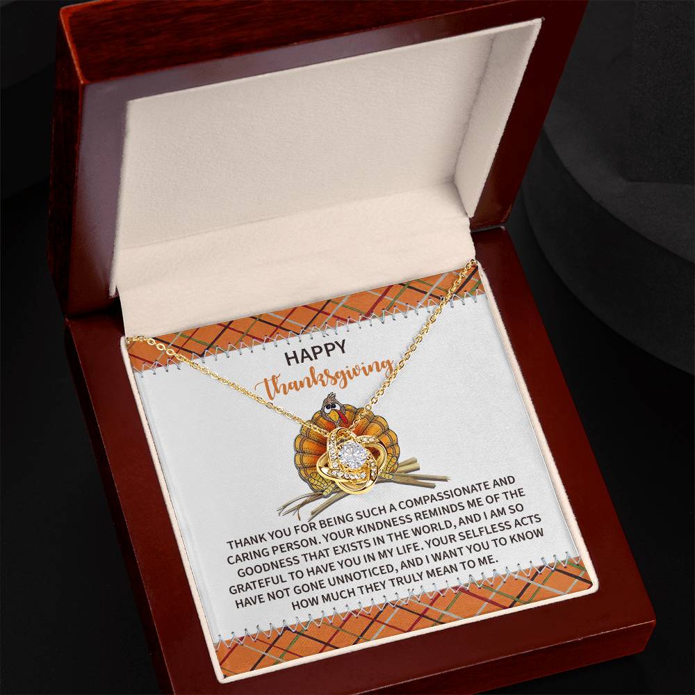 Open the Thanksgiving-In My Life - Love Knot Necklace jewelry box to find a Thanksgiving message card and a necklace embellished with Cubic Zirconia Crystals, the perfect personalized gift.