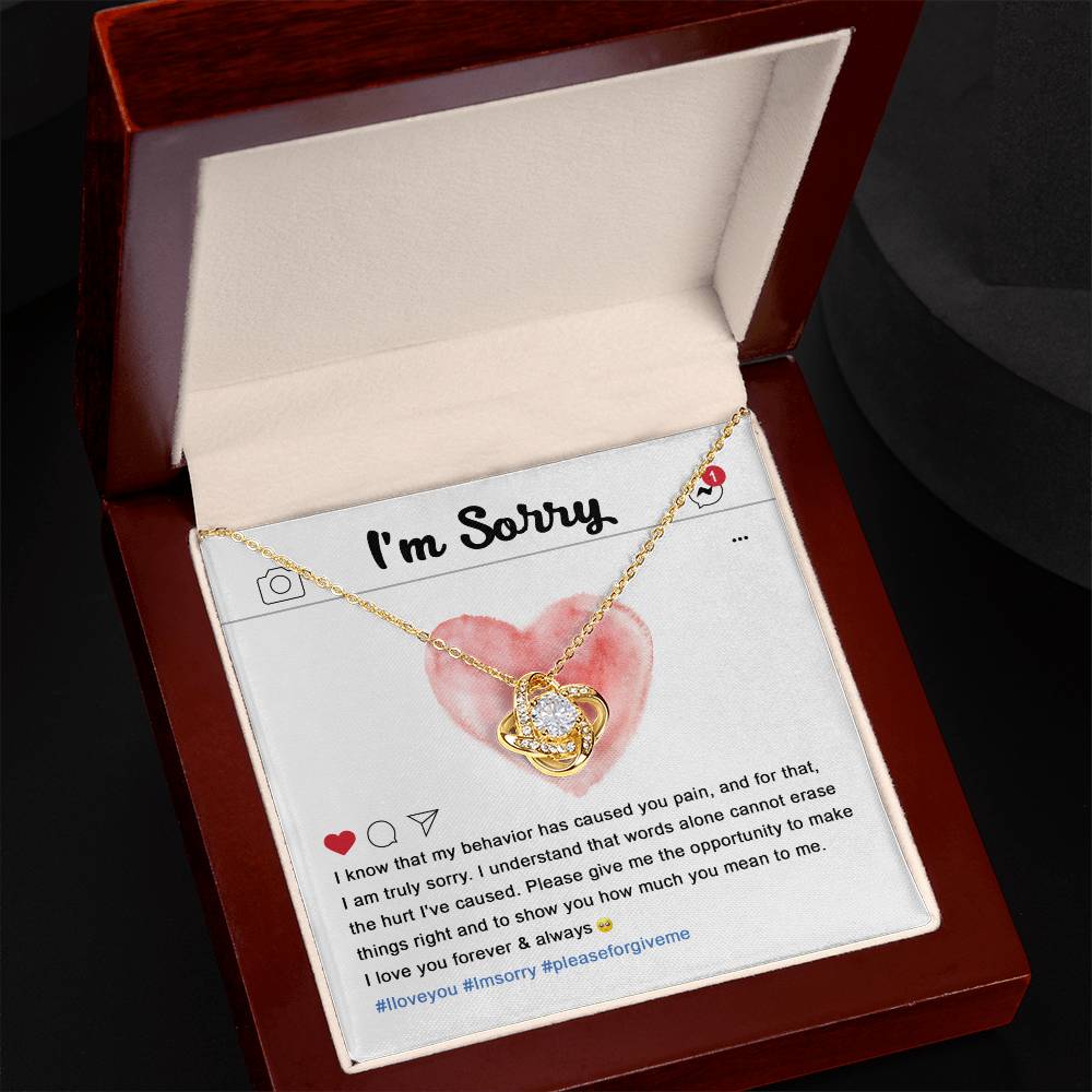 The Sorry-Cannot Erase - Love Knot Necklace, adorned with cubic zirconia crystals, sits on a card featuring an apology message, a pink heart illustration, and hashtags #Iloveyou, #Imsorry, and #pleaseforgiveme.