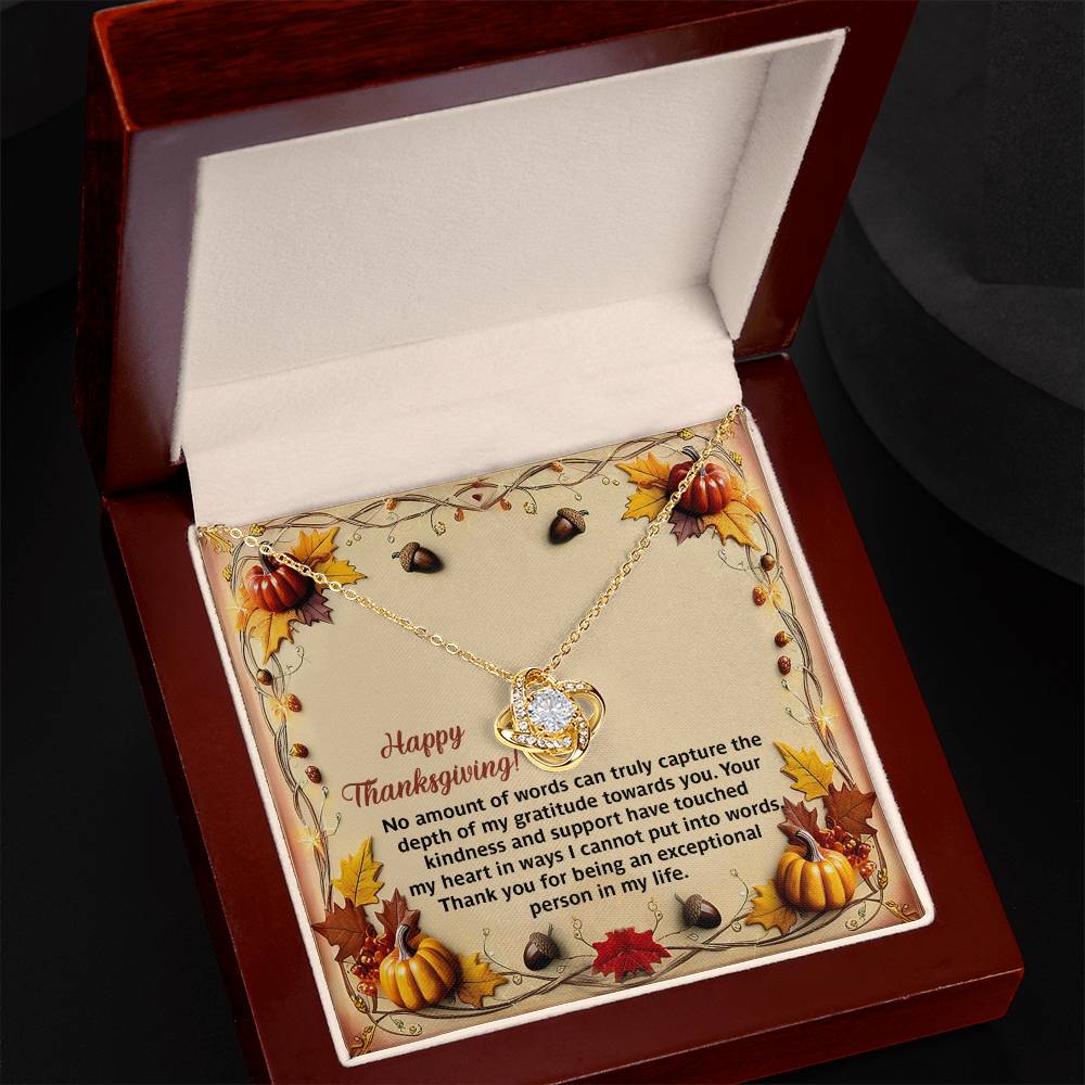 The Thanksgiving-Put Into Words - Love Knot Necklace, featuring a heart pendant and shimmering cubic zirconia crystals, is beautifully presented in a jewelry box. Accompanied by a Thanksgiving-themed message of gratitude, it makes an ideal personalized gift to express your appreciation this season.