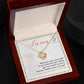 The "Sorry, Another Chance - Love Knot Necklace," featuring sparkling cubic zirconia crystals and crafted in 14k white gold, rests in a box. A note inside reads, "I'm sorry. Nothing is right in this world if I can't make this right. Please give me another chance to become a better version of myself. I love you and I am sorry, I truly am.