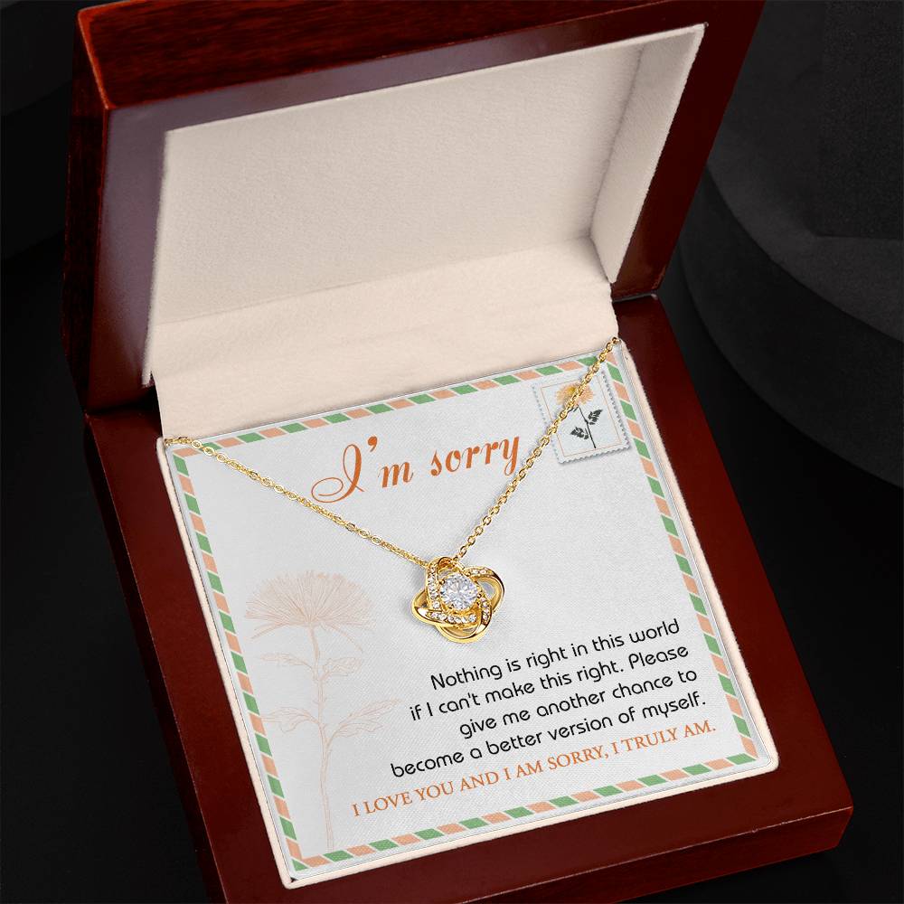 The "Sorry, Another Chance - Love Knot Necklace," featuring sparkling cubic zirconia crystals and crafted in 14k white gold, rests in a box. A note inside reads, "I'm sorry. Nothing is right in this world if I can't make this right. Please give me another chance to become a better version of myself. I love you and I am sorry, I truly am.