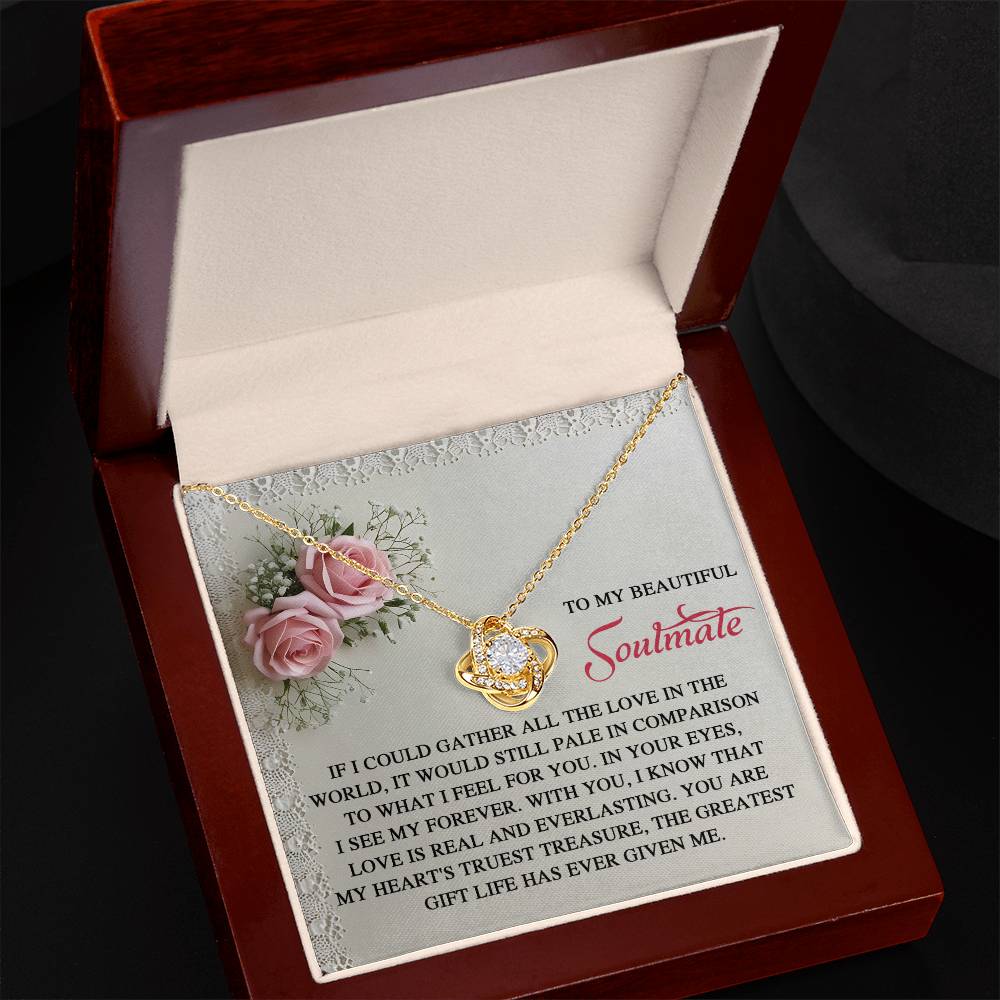 The Soulmate-Given Me - Love Knot Necklace, featuring cubic zirconia crystals in a heart-shaped pendant, is elegantly presented with roses and a romantic message card. This personalized gift beautifully expresses affection and charm.