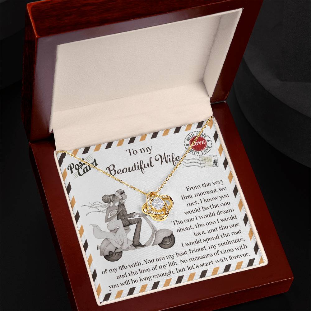 A 14k white gold To Wife, Be The One - Love Knot Necklace with cubic zirconia crystals is placed on a card depicting a couple on a scooter. The card features a heartfelt message to a wife, expressing love and commitment.