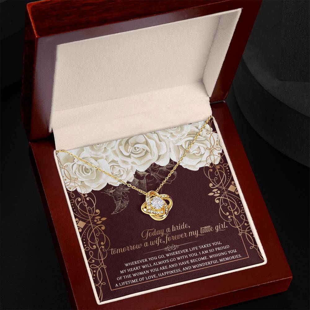 The "To Daughter, Wedding Wonderful Memories - Love Knot Necklace," featuring a white gold finish and embedded cubic zirconia gems, is displayed in a box with a floral background and an inscribed sentimental message for the bride.