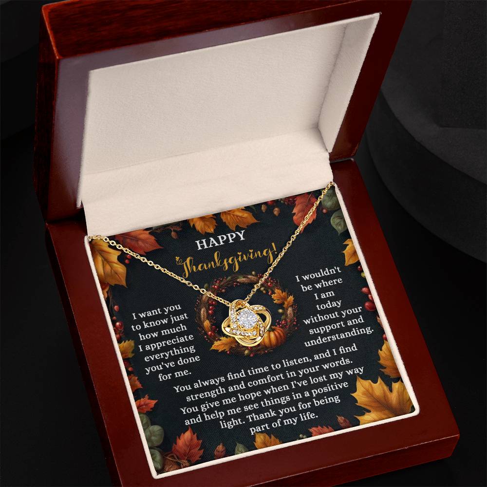 Introducing the Thanksgiving-Lost My Way - Love Knot Necklace: A stunning gold heart pendant nestled in a special box with a heartfelt Thanksgiving message, expressing gratitude and comfort. This design features a beautiful knot adorned with sparkling cubic zirconia crystals and is available in your choice of white gold or yellow gold finish.