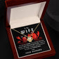 To Wife, Old Lobster Couples - Love Knot Necklace with a heart pendant displayed on a card featuring two cartoon lobsters and a message to a wife, discussing lifelong lobster mates and expressing love from a husband. The necklace sparkles with cubic zirconia crystals, symbolizing the unbreakable bond of your love.