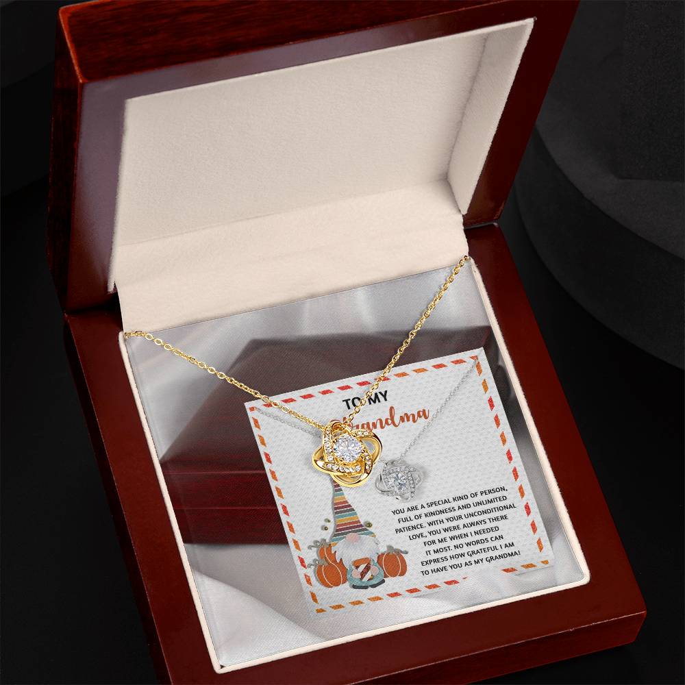 A Grandma-Needed It Most - Love Knot Necklace, made from 14k White Gold and featuring intertwined rings with sparkling Cubic Zirconia, is beautifully presented in a red jewelry box. The accompanying card says "To My Grandma" with a heartfelt poem and fall-themed graphics.