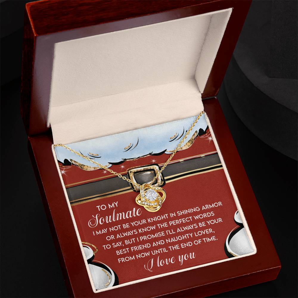 The Soulmate-Naughty Lover - Love Knot Necklace, embellished with glistening cubic zirconia crystals, is beautifully presented in a red velvet-lined box. Inside, a heartfelt message conveys love and commitment from now until the end of time, making it an ideal personalized gift.