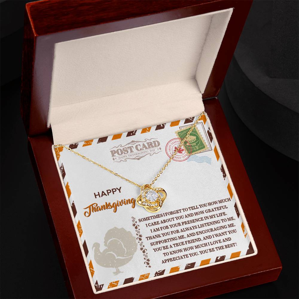 Introducing the "Thanksgiving-A True Friend - Love Knot Necklace," a stunning gold piece adorned with cubic zirconia crystals in an infinity heart pendant design. It comes elegantly packaged in a box with a heartfelt Thanksgiving card and message.