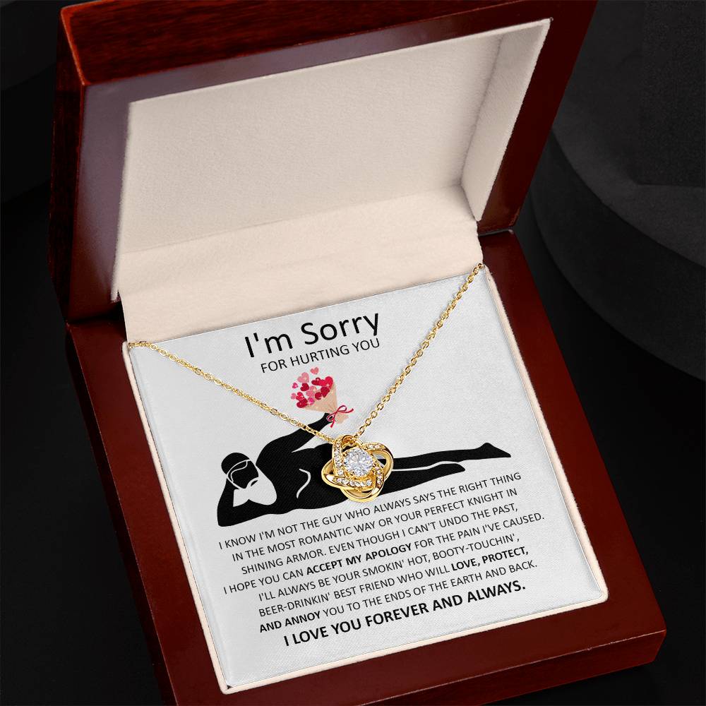 The "Sorry-The Most Romantic - Love Knot Necklace" showcases a heart and knot pendant elegantly presented on a card with an apology message, conveying regret for causing pain and expressing a heartfelt commitment to love, protect, and always be with the recipient. This necklace embodies an unbreakable bond, holding profound significance for both the giver and receiver.