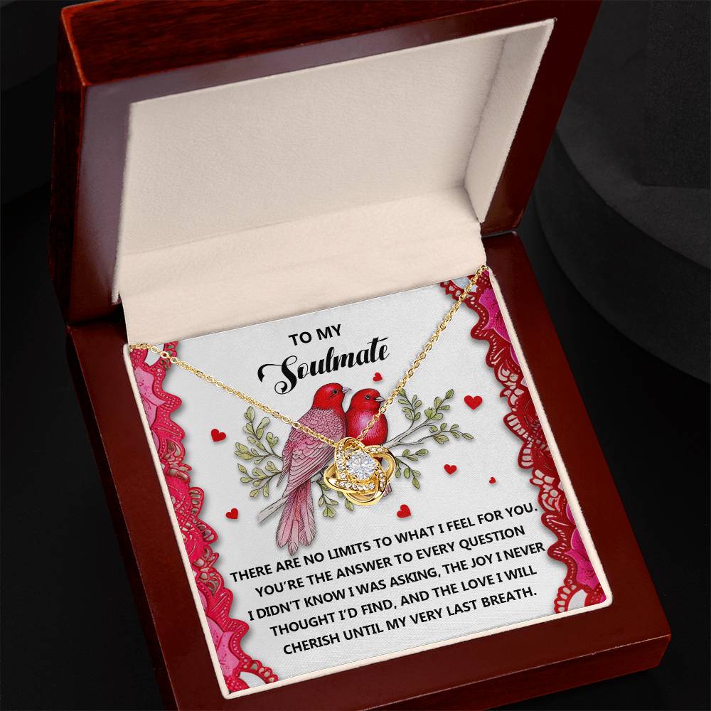 The Soulmate-Feel For You Love Knot Necklace, in a gold finish with intertwined hearts and cubic zirconia accents, comes on a card featuring two birds and is nestled in a wooden box. The text reads: "To my Soulmate," along with a message about love and cherishing moments together.