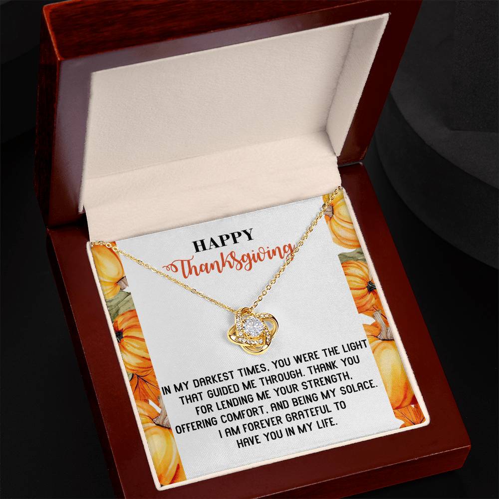 The Thanksgiving-Guided Me Through gift box, featuring a Love Knot Necklace embellished with brilliant cubic zirconia crystals, comes with a touching note that expresses gratitude and appreciation for the unbreakable bond you share.