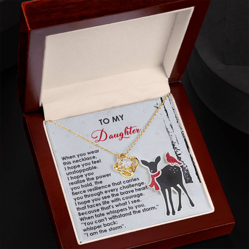 The "Daughter-Every Challenge - Love Knot Necklace," featuring an interlocking heart design, is elegantly displayed in an open box and beautifully adorned with shimmering cubic zirconia crystals. In the background, a touching message addressed to a daughter complements the scene, including a silhouette of a deer and birds that symbolize an unbreakable bond.