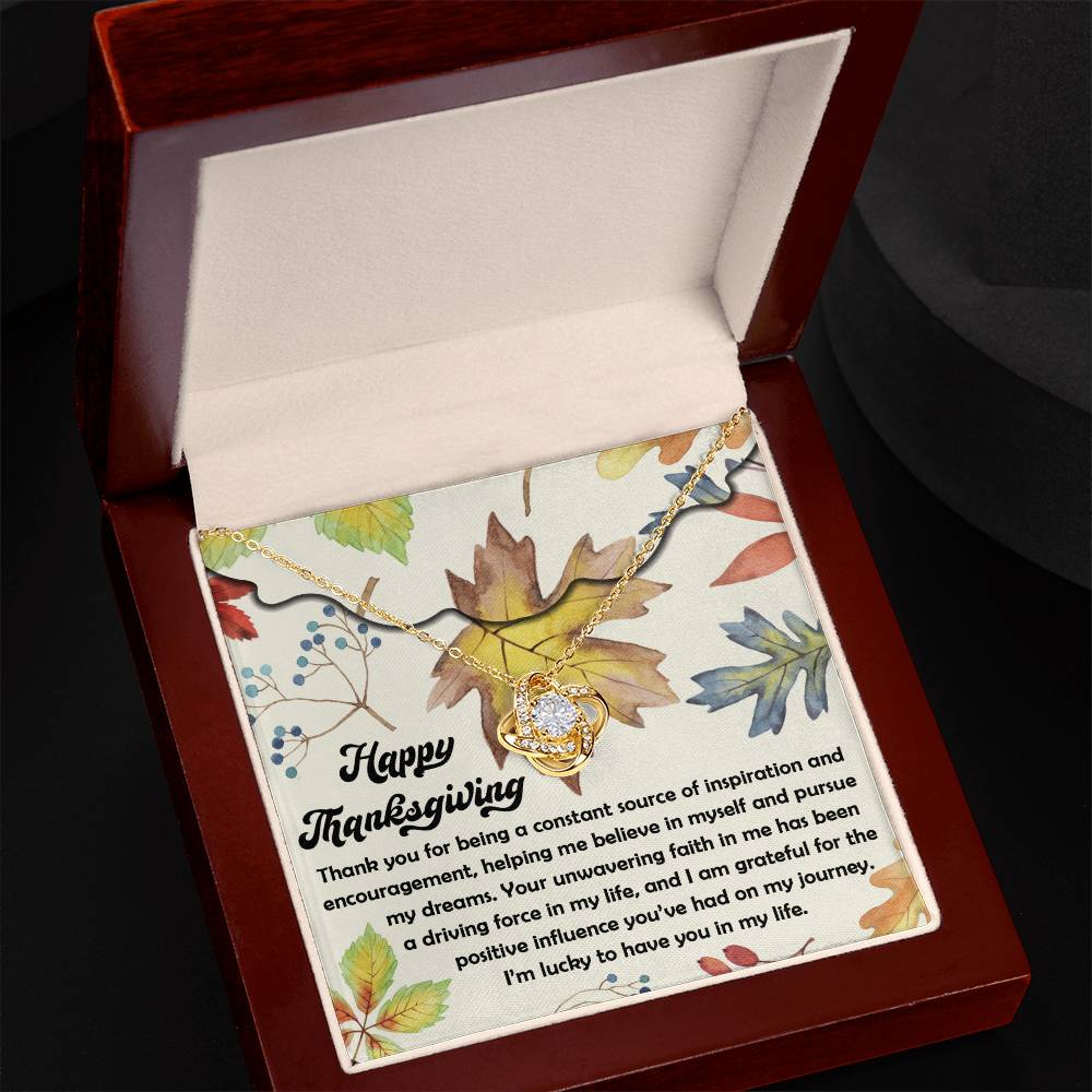 This thoughtful gift, the Thanksgiving-On My Journey - Love Knot Necklace, includes a stunning gold necklace with a heart pendant adorned with sparkling cubic zirconia, elegantly presented in a box. Featuring a heartfelt Thanksgiving message, it beautifully conveys appreciation for the support and love shared.