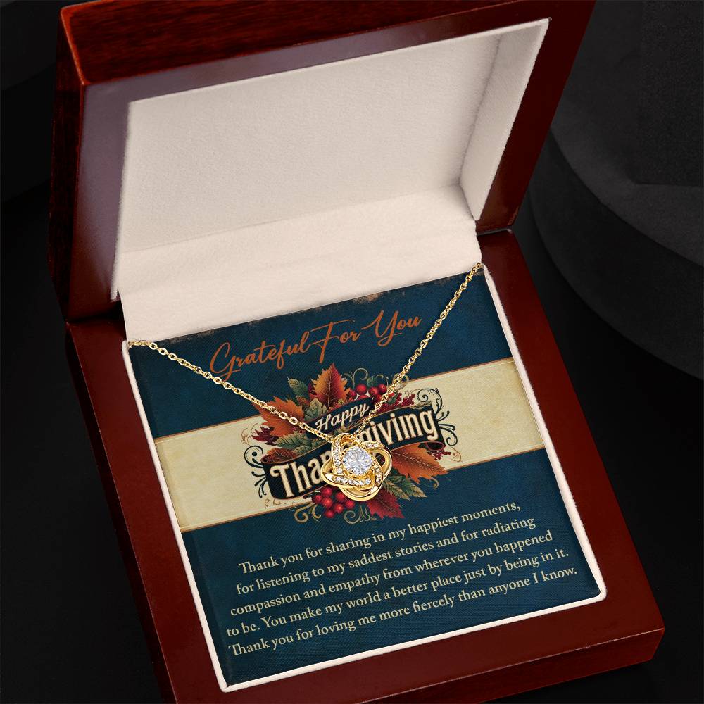 The Thanksgiving-Happiest Moments gift box includes an exquisite Love Knot Necklace adorned with cubic zirconia, paired with a heartfelt gratitude message on a Thanksgiving card.