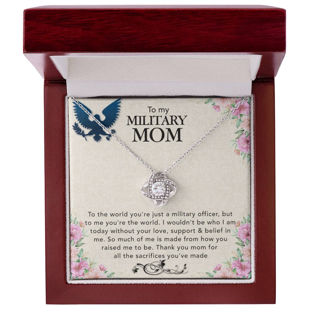 A To My Military Mom, To The World You're Just A Miltary Officer - Love Knot Necklace for a military mom, presented in a wooden box.