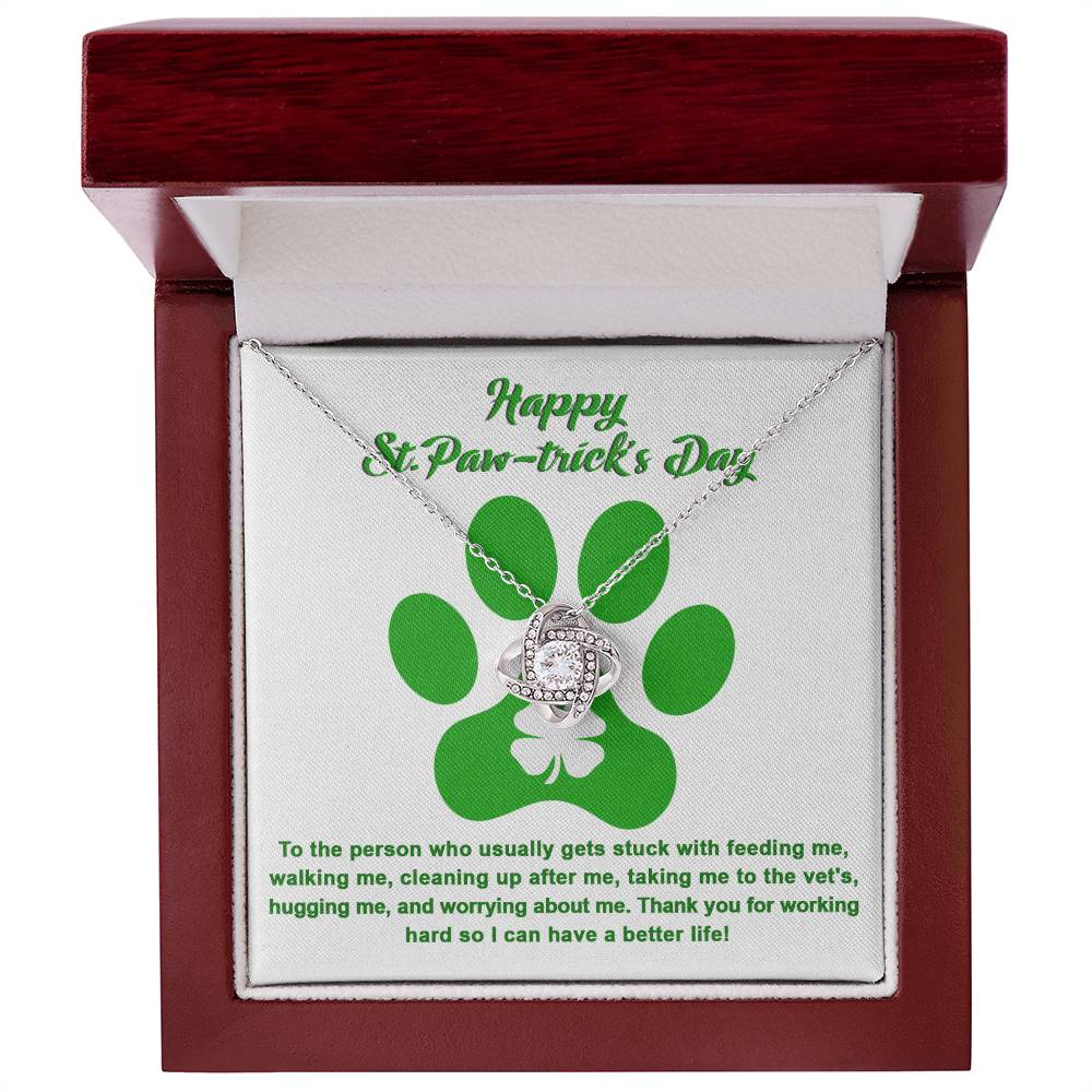 A To Dog Mom, Pawtrick Day-A Better Life love knot necklace in a ShineOn Fulfillment box.