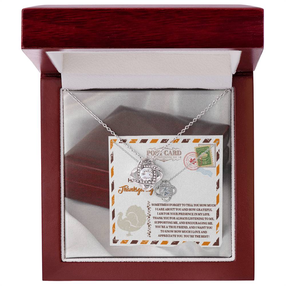 A Thanksgiving-A True Friend - Love Knot Necklace, featuring a heart-shaped pendant adorned with sparkling cubic zirconia crystals, is beautifully presented in a red and white jewelry box. Inside, a postcard-style note carries a heartfelt Thanksgiving message, making it the ideal personalized gift.