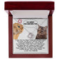 The Sorry-Make It Right - Love Knot Necklace showcases a heartfelt note adorned with two cats, one angry and the other sad. The note conveys remorse with the message, "I'm sorry for hurting you," alongside a promise to improve. Enhanced by cubic zirconia crystals and personalized for an intimate touch, it reads "I LOVE YOU FOREVER.