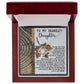The Daughter-Love And Pride - Love Knot Necklace comes nestled in a charming wooden box and is adorned with shimmering cubic zirconia crystals. The inscribed message starts with "To my dearest daughter" and gracefully concludes with "and for filling my heart with love and joy." This personalized gift beautifully expresses heartfelt emotions.