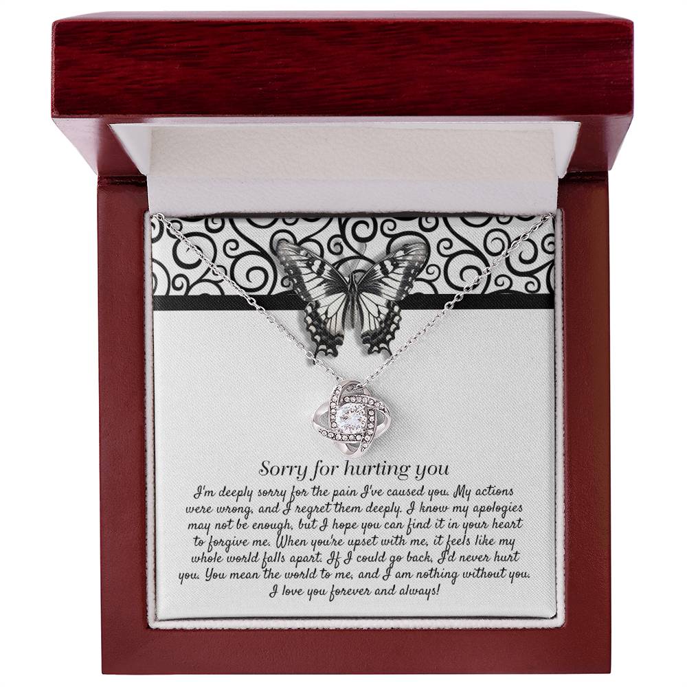 The "Sorry-Nothing Without You - Love Knot Necklace" features a heart-shaped pendant adorned with cubic zirconia crystals and is presented on a card with an apology message and a butterfly design.