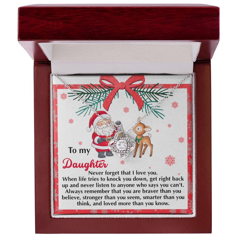 Surprise your daughter with the Daughter-Get Back Up - Love Knot Necklace, which includes a heartfelt message saying "To my Daughter" and showcases Santa, a reindeer, and an inspiring note. Embellished with cubic zirconia and presented in an elegant red and white gift box, it's the ideal personalized present for the holiday season.