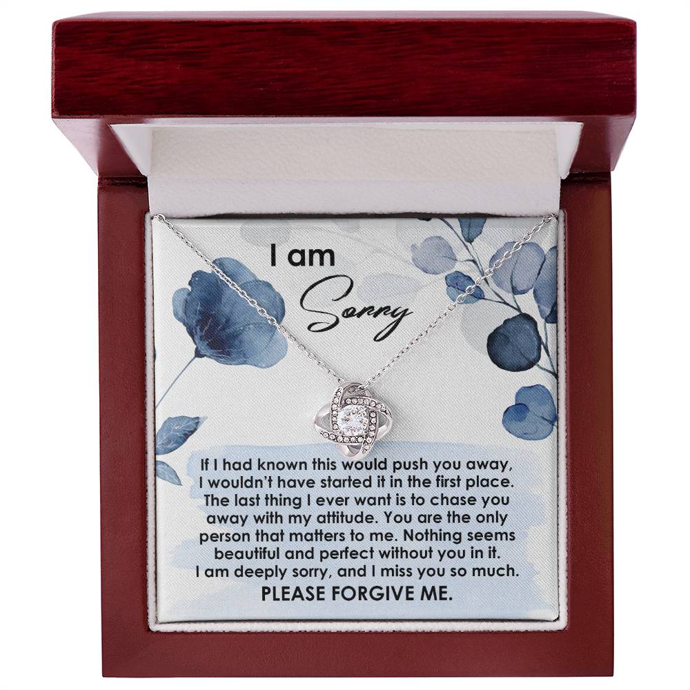 The "Sorry-Push You Away - Love Knot Necklace" in a silver finish is displayed in an open red box, featuring a heartfelt apology message printed on a floral card inside the lid that reads "I am Sorry." Adorned with cubic zirconia crystals, this elegant piece speaks volumes.