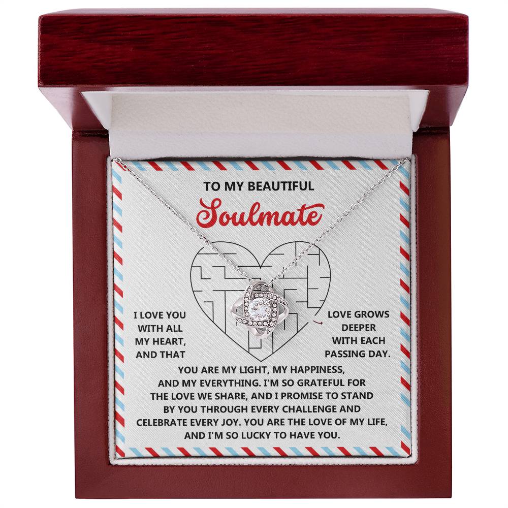 The Soulmate-To Have You - Love Knot Necklace features cubic zirconia crystals in a wooden box with a heartfelt message, making it a perfect personalized gift for your soulmate.