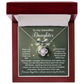 The "Daughter-Incredible Uniqueness - Love Knot Necklace" is elegantly presented in a wooden box with a message card for "Daughter," beautifully conveying love, pride, and encouragement. This personalized gift is adorned with premium cubic zirconia, offering an elegant touch to this heartfelt keepsake.