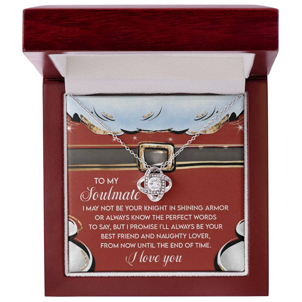 The Soulmate-Naughty Lover - Love Knot Necklace is elegantly presented in a gift box, accompanied by a romantic note that says: "To my soulmate, I may not be your knight... I love you." Its exquisite cubic zirconia crystals and gold finish ensure it remains an unforgettable symbol of affection.